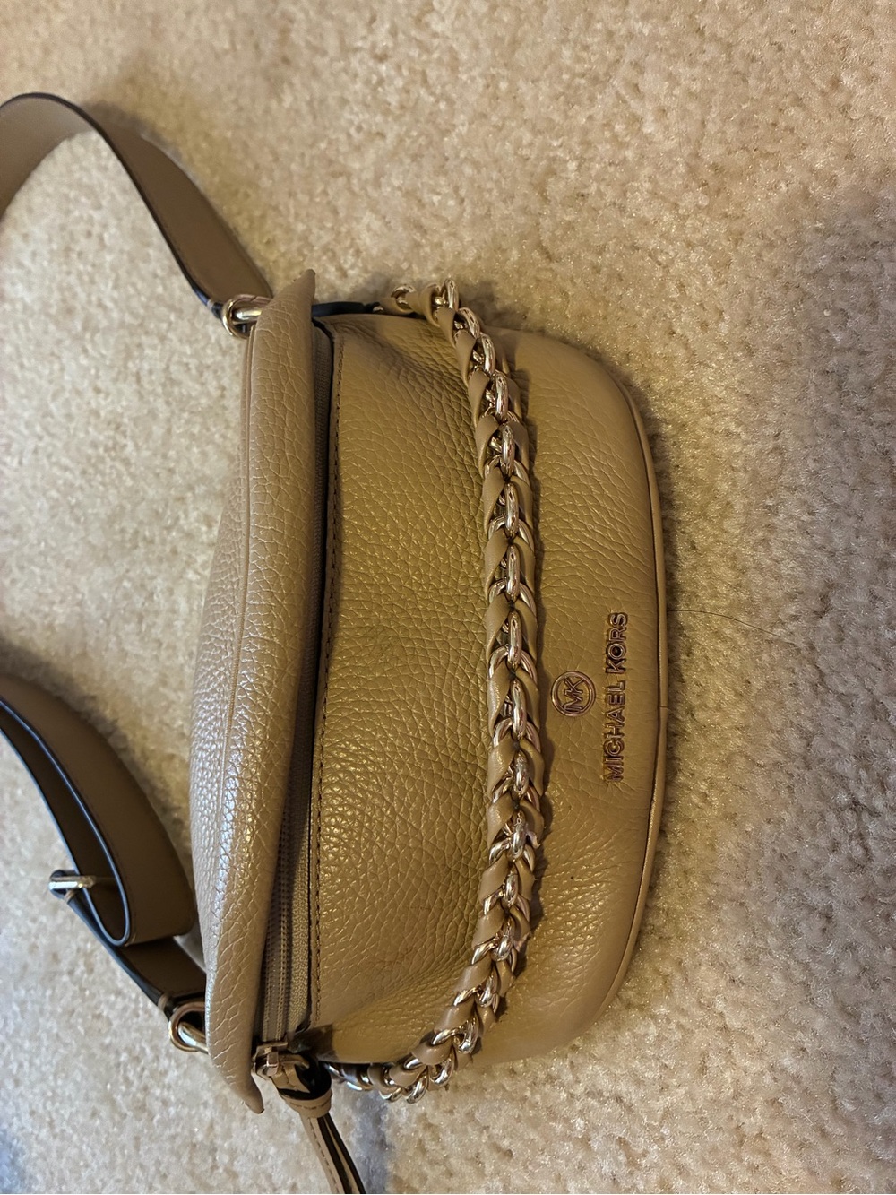 Michael Kors Beige Pebbled Leather Crossbody with Gold Chain